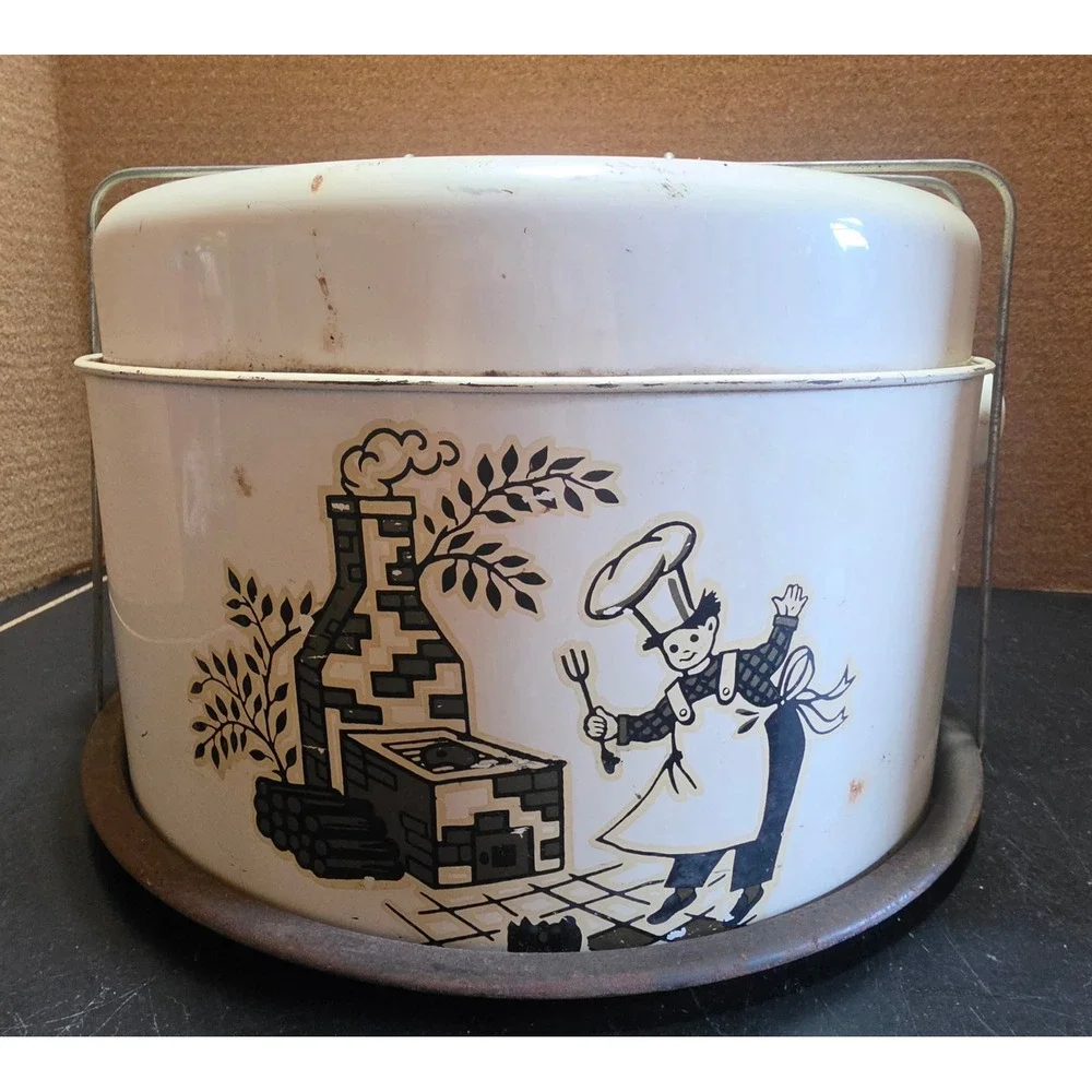 Vintage Metal Cake Carrier Chef Graphic Mid-Century Locking Handle 3-Piece Set